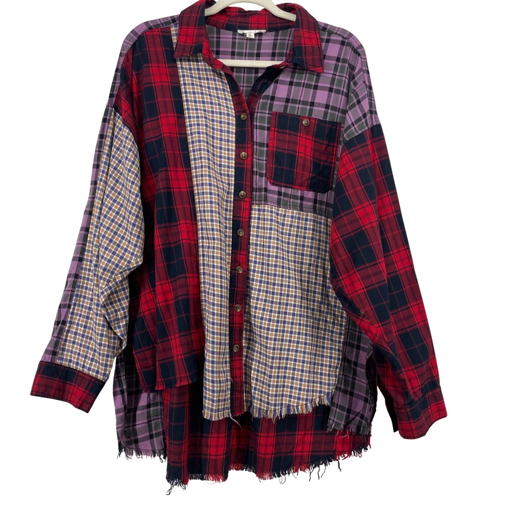Easel Size Medium Patchwork Plaid Button Down Multi Color Frayed Hem Women Shirt